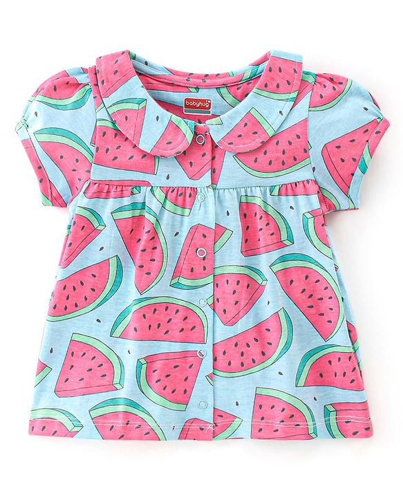 Babyhug Cotton Knit Half Sleeves Night Suit Melon Print - Blue & Pink