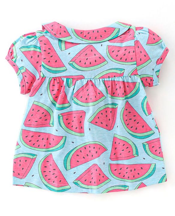 Babyhug Cotton Knit Half Sleeves Night Suit Melon Print - Blue & Pink
