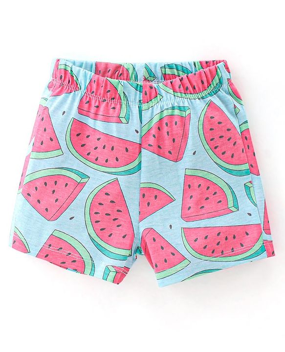 Babyhug Cotton Knit Half Sleeves Night Suit Melon Print - Blue & Pink