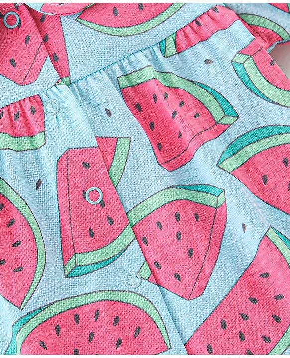 Babyhug Cotton Knit Half Sleeves Night Suit Melon Print - Blue & Pink