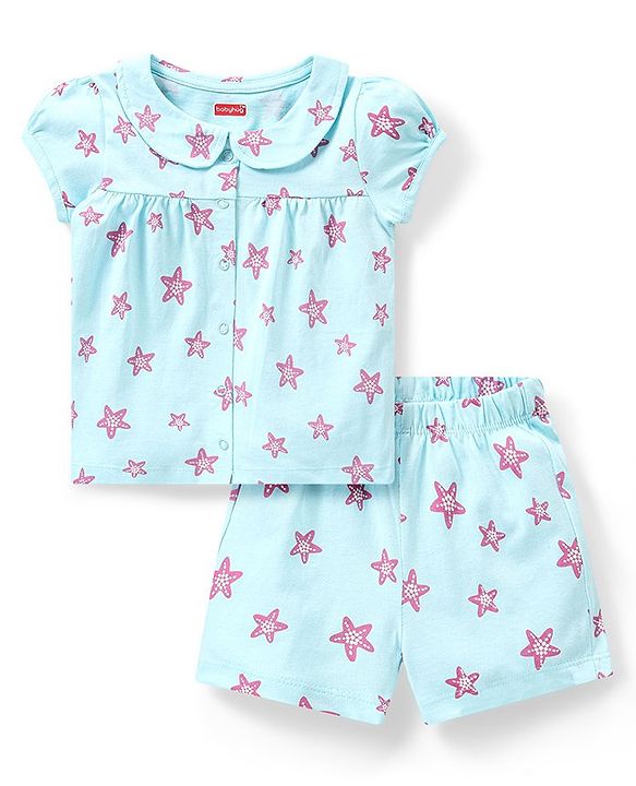 Babyhug Cotton Half Sleeves Night Suit With Starfish Print-Blue
