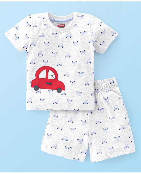 Babyhug Cotton Knit Single Jersey Half Sleeves Night Suit With Car Print & Embroidery - Grey