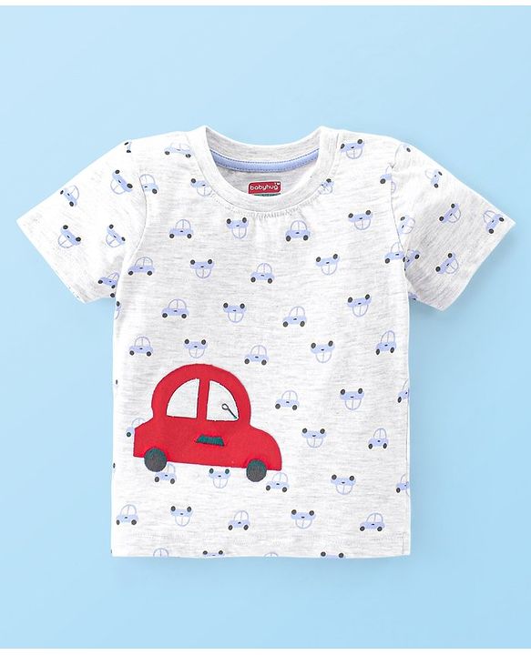 Babyhug Cotton Knit Single Jersey Half Sleeves Night Suit With Car Print & Embroidery - Grey