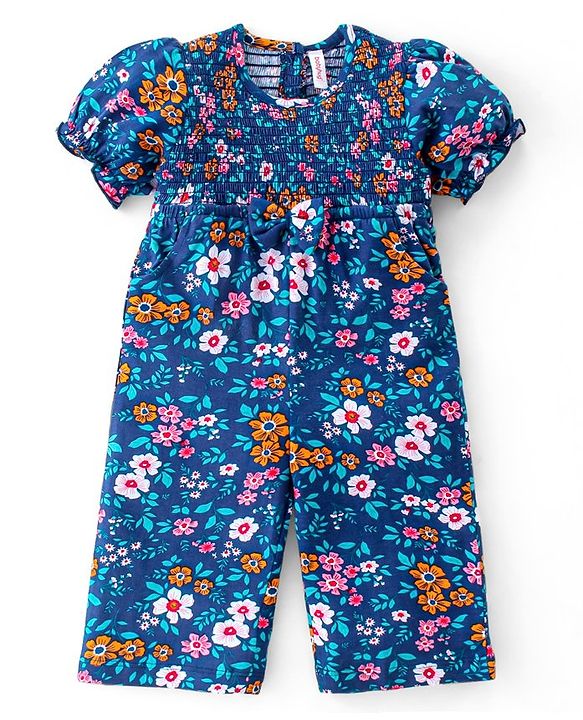 Babyhug Cotton Jersey Smocking Half Sleeves Jumpsuit with Floral Print - Navy Blue