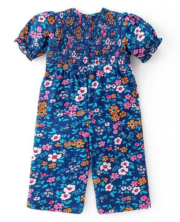 Babyhug Cotton Jersey Smocking Half Sleeves Jumpsuit with Floral Print - Navy Blue
