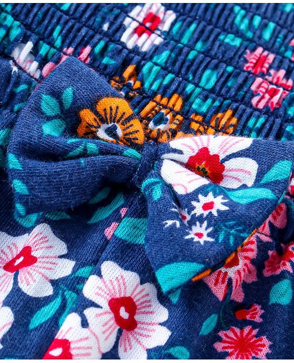 Babyhug Cotton Jersey Smocking Half Sleeves Jumpsuit with Floral Print - Navy Blue