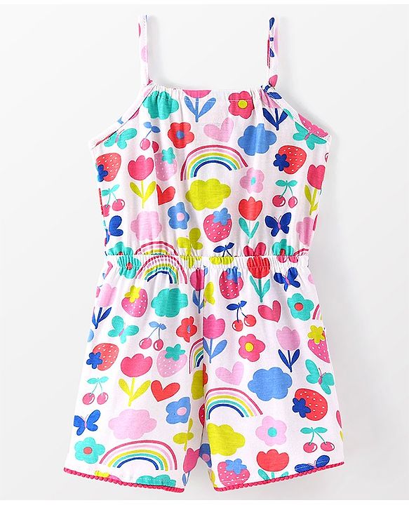Babyhug Cotton Jersey Knit Sleeveless Singlet Jumpsuit with Floral Print-White