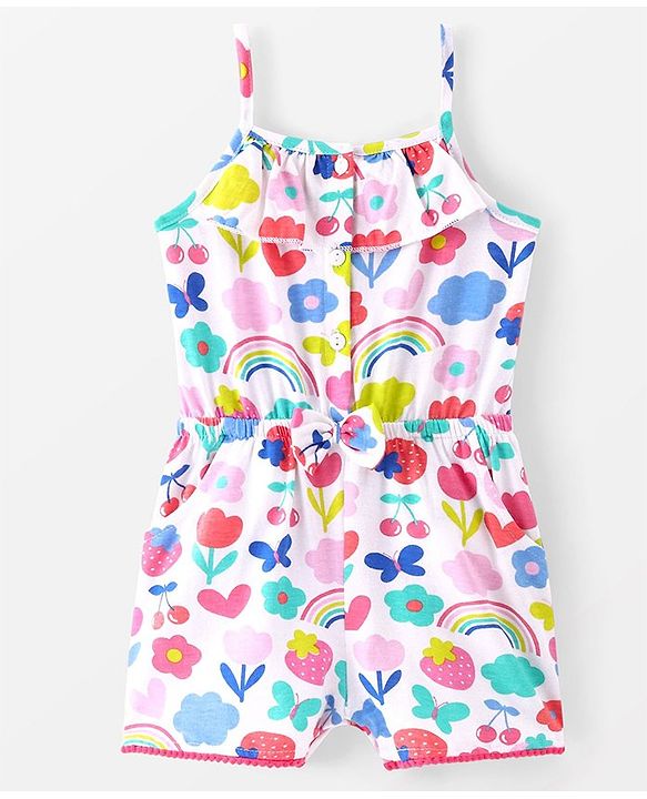 Babyhug Cotton Jersey Knit Sleeveless Singlet Jumpsuit with Floral Print-White