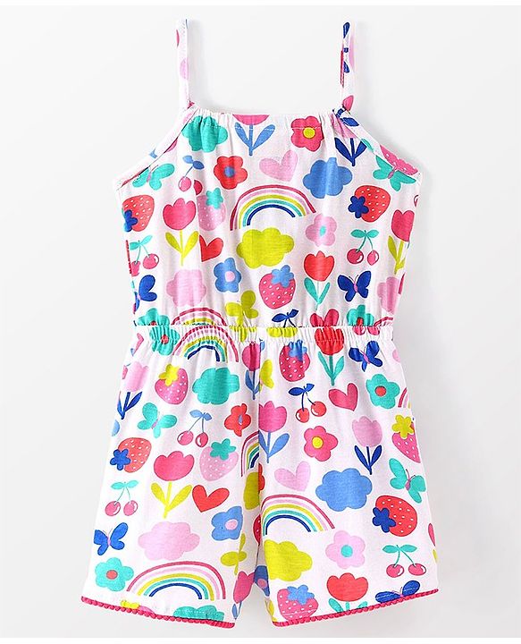 Babyhug Cotton Jersey Knit Sleeveless Singlet Jumpsuit with Floral Print-White