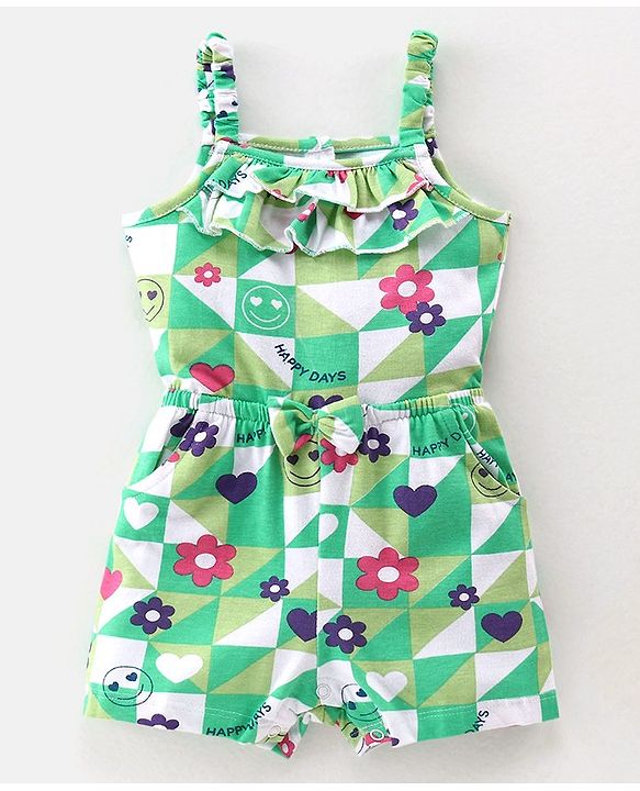 Babyhug 100% Cotton Jersey Shoulder Strap Jumpsuit Checkered - Green & White
