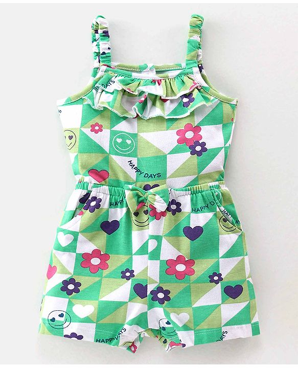 Babyhug 100% Cotton Jersey Shoulder Strap Jumpsuit Checkered - Green & White