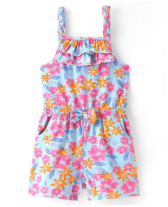 Babyhug 100% Cotton Jersey Knit Floral Print Shoulder Strap Jumpsuit with Bow Applique- Pink