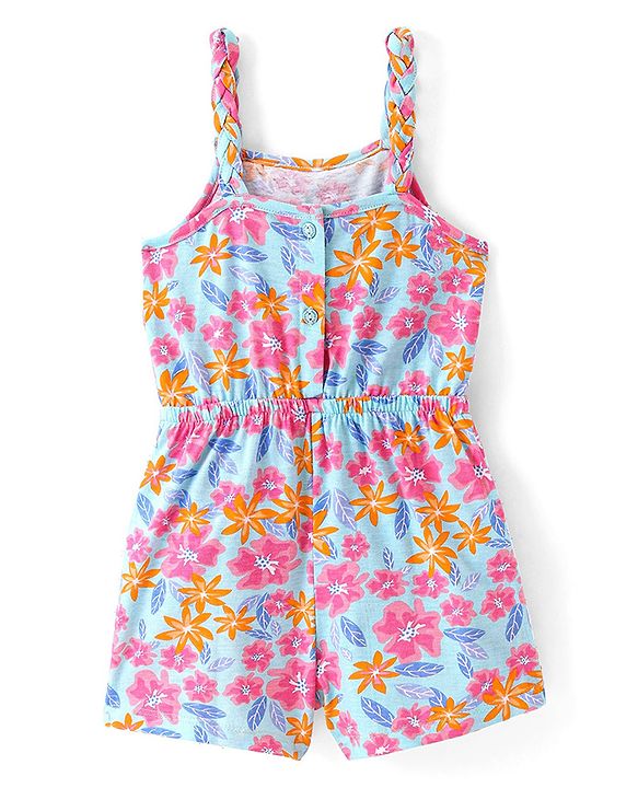 Babyhug 100% Cotton Jersey Knit Floral Print Shoulder Strap Jumpsuit with Bow Applique- Pink