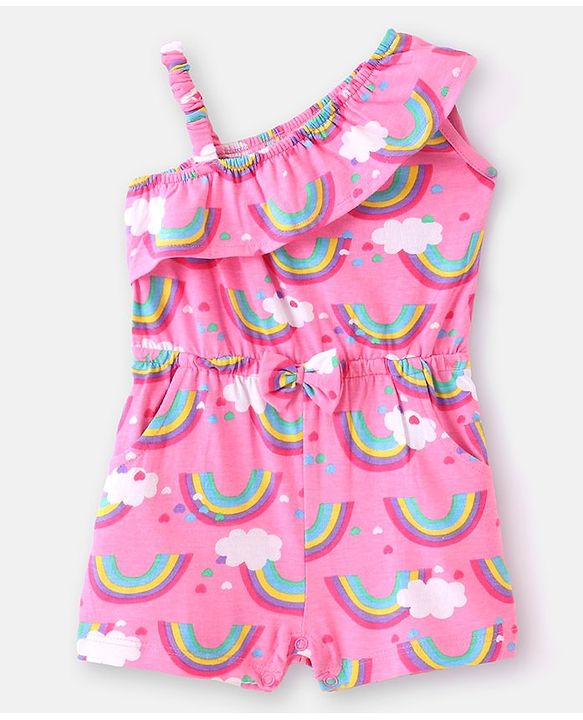 Babyhug Cotton Jersey Knit One Shoulder Strap Jumpsuit with Rainbow Print - Pink