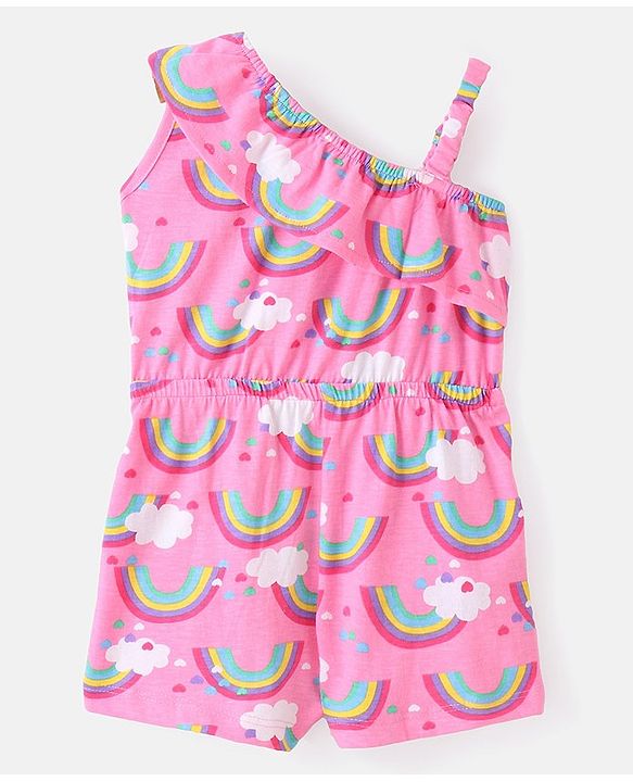 Babyhug Cotton Jersey Knit One Shoulder Strap Jumpsuit with Rainbow Print - Pink
