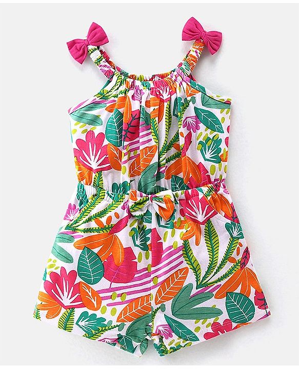 Babyhug 100% Cotton Jersey Shoulder Strap Jumpsuit With Floral Print - Multicolour