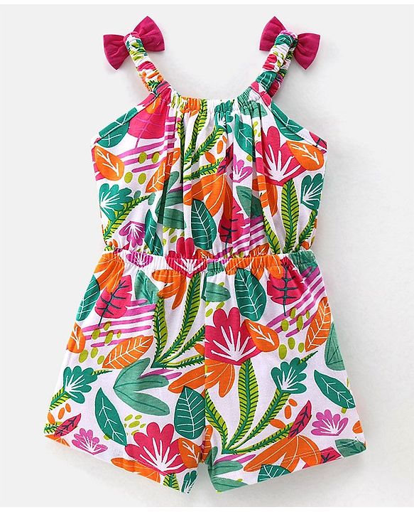 Babyhug 100% Cotton Jersey Shoulder Strap Jumpsuit With Floral Print - Multicolour