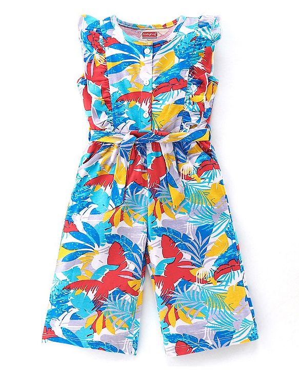 Babyhug Cotton Jersey Round Neck Jumpsuit With Floral Print - Multicolour