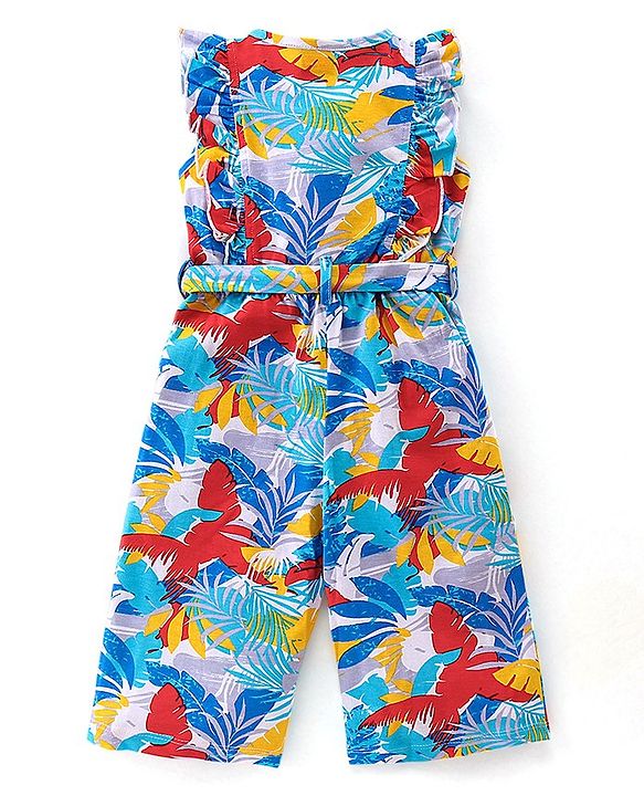 Babyhug Cotton Jersey Round Neck Jumpsuit With Floral Print - Multicolour
