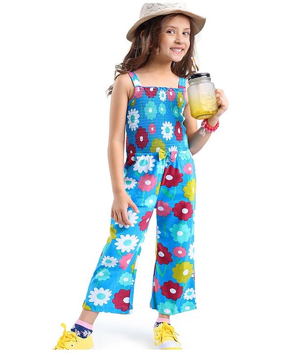 Babyhug Cotton Jersey Shoulder Strap Jumpsuit With Floral Print - Blue