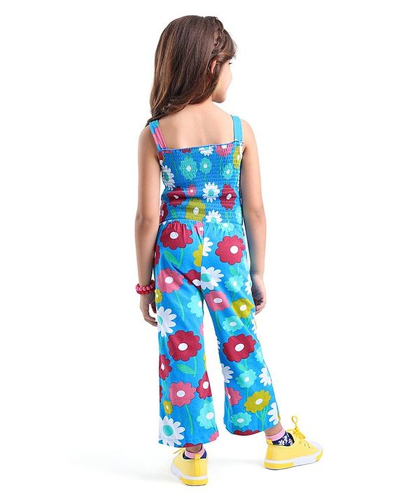 Babyhug Cotton Jersey Shoulder Strap Jumpsuit With Floral Print - Blue
