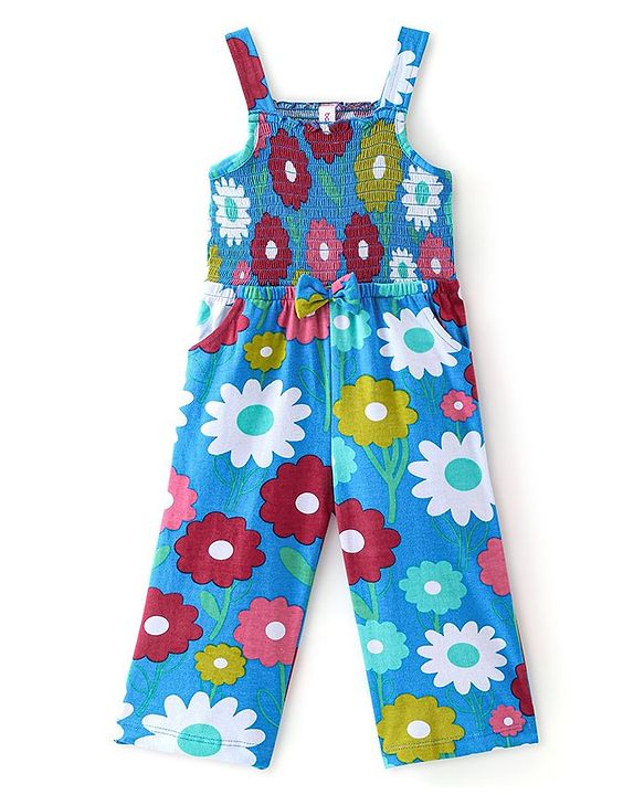 Babyhug Cotton Jersey Shoulder Strap Jumpsuit With Floral Print - Blue
