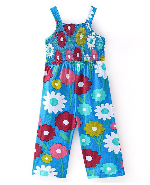 Babyhug Cotton Jersey Shoulder Strap Jumpsuit With Floral Print - Blue