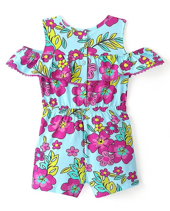 Babyhug 100% Cotton Jersey Cold Shoulder Sleeve  Jumpsuit Floral Print - Blue