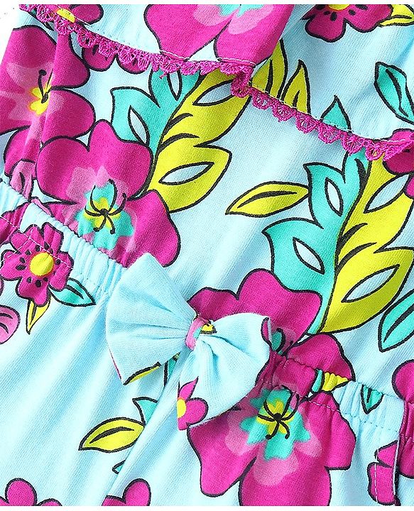 Babyhug 100% Cotton Jersey Cold Shoulder Sleeve  Jumpsuit Floral Print - Blue