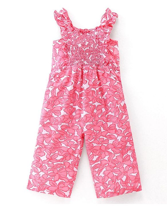 Babyhug 100% Cotton Jersey Square Neck Jumpsuit With Floral Print - Pink