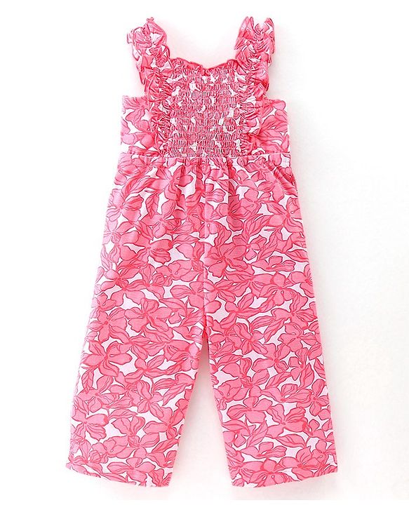 Babyhug 100% Cotton Jersey Square Neck Jumpsuit With Floral Print - Pink