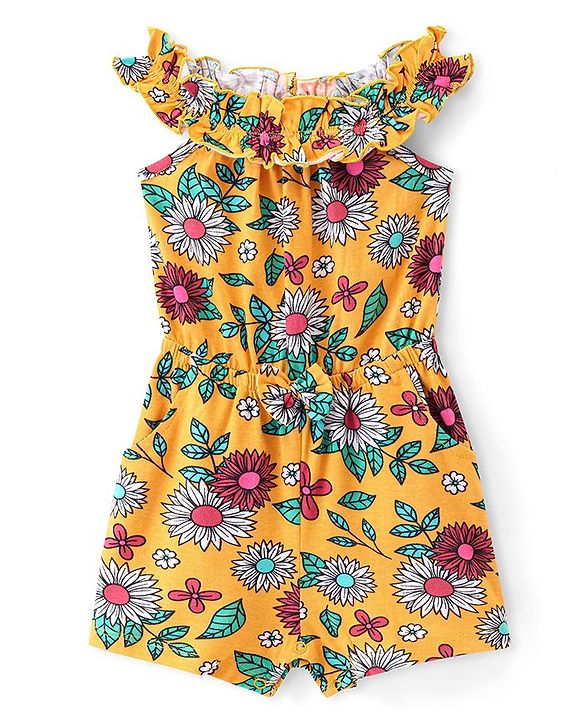 Babyhug 100% Cotton Jersey Halter Neck Jumpsuit Floral Print - Yellow