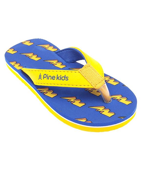 Pine Kids Slip On Flip Flops With Thunder Print - Yellow & Navy Blue