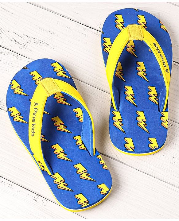 Pine Kids Slip On Flip Flops With Thunder Print - Yellow & Navy Blue