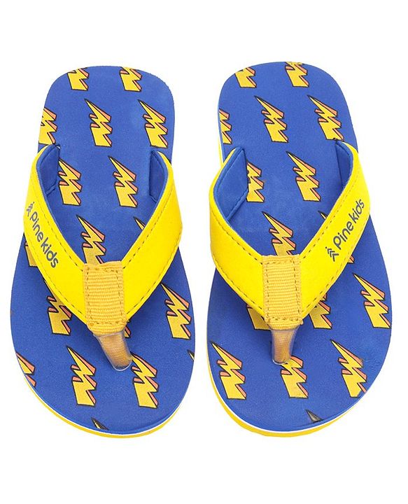 Pine Kids Slip On Flip Flops With Thunder Print - Yellow & Navy Blue