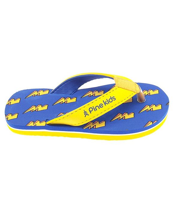 Pine Kids Slip On Flip Flops With Thunder Print - Yellow & Navy Blue