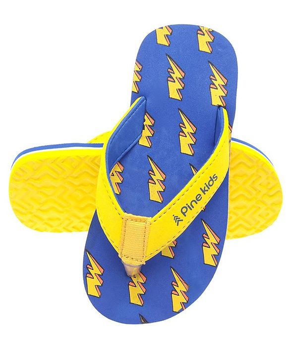 Pine Kids Slip On Flip Flops With Thunder Print - Yellow & Navy Blue