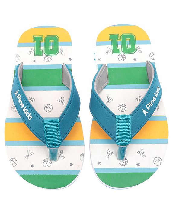 Pine Kids Slip On Flip Flops Basketball Print - Green White & Blue