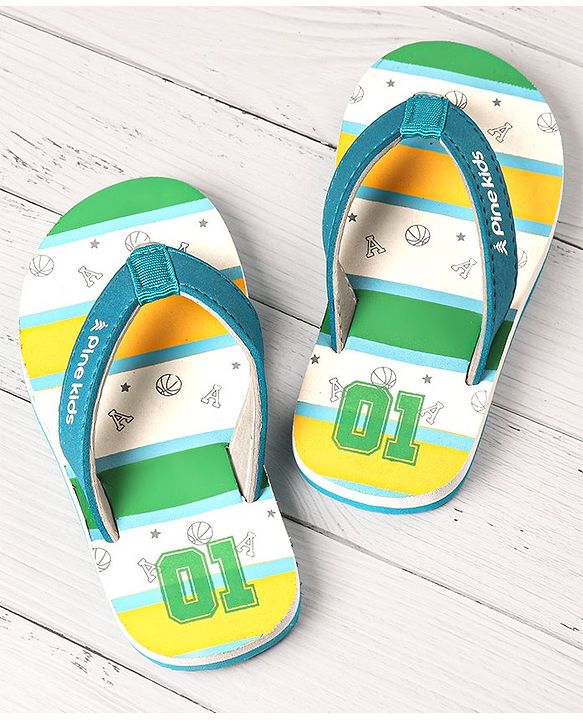 Pine Kids Slip On Flip Flops Basketball Print - Green White & Blue