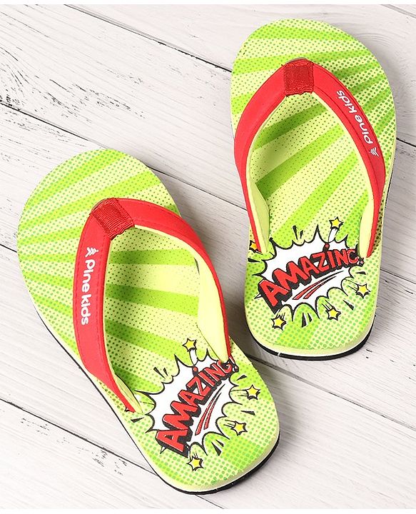 Pine Kids Flip Flops Text Print - Green & Red