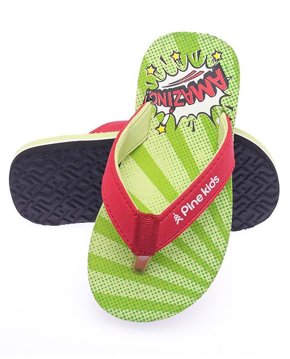 Pine Kids Flip Flops Text Print - Green & Red