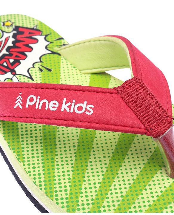 Pine Kids Flip Flops Text Print - Green & Red