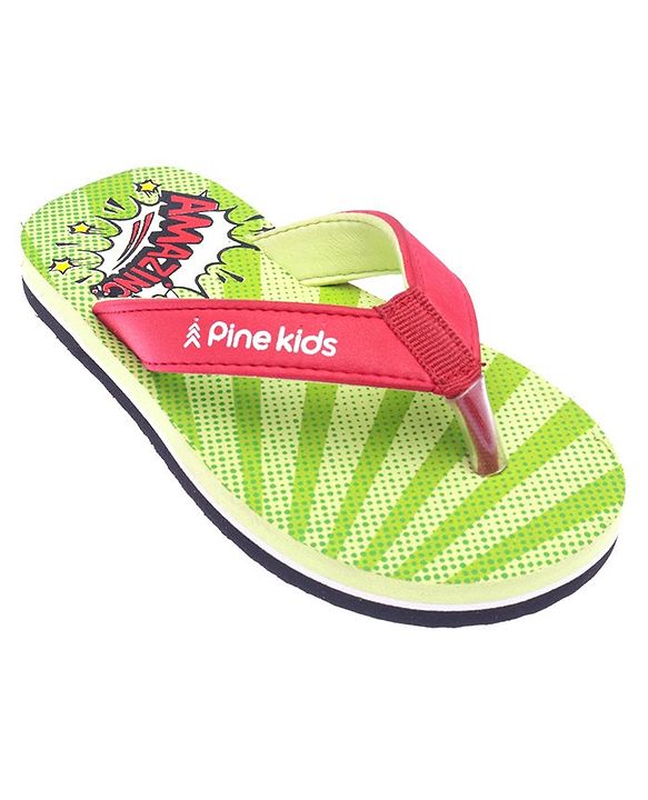 Pine Kids Flip Flops Text Print - Green & Red
