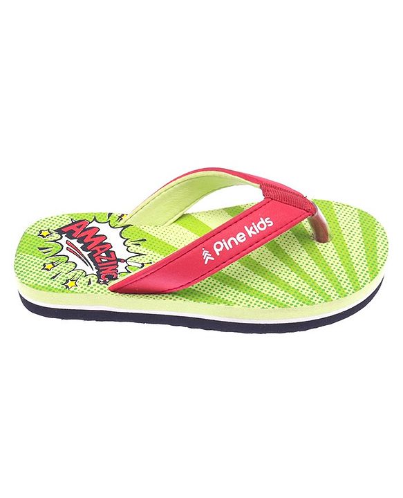 Pine Kids Flip Flops Text Print - Green & Red