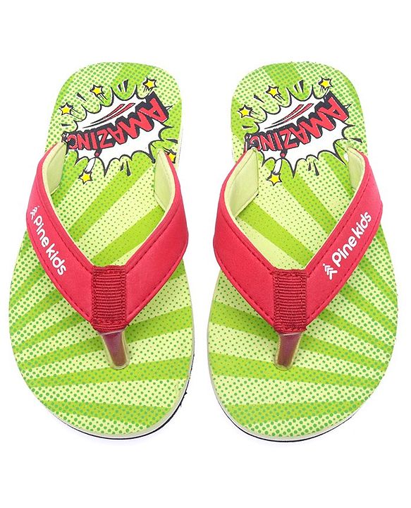 Pine Kids Flip Flops Text Print - Green & Red