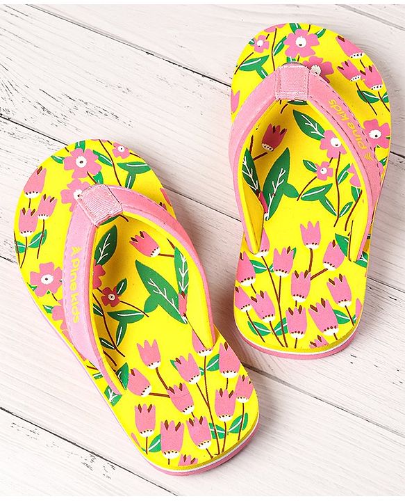 Pine Kids Slip Ons Flip Flops with Floral Design- Yellow