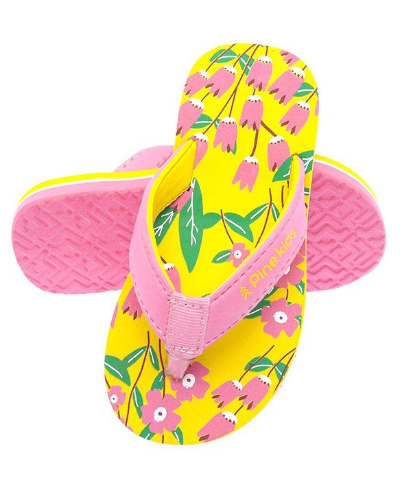 Pine Kids Slip Ons Flip Flops with Floral Design- Yellow