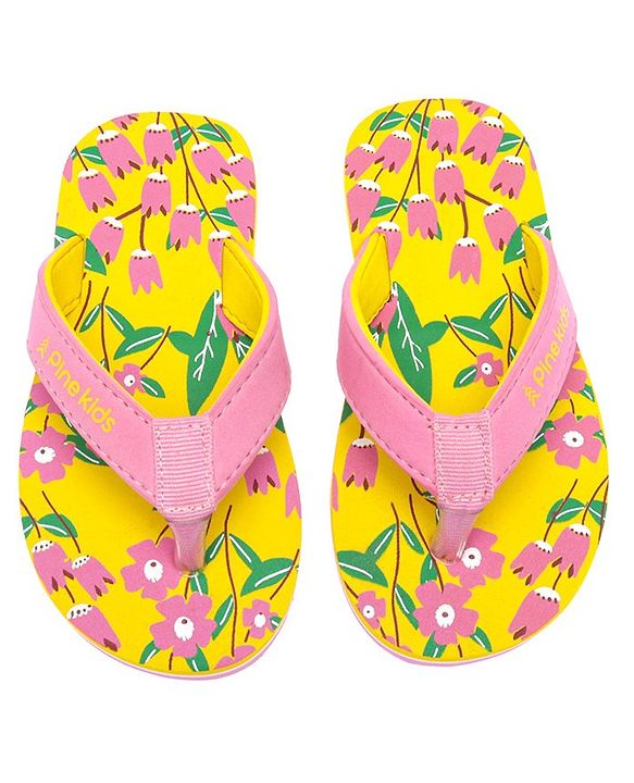 Pine Kids Slip Ons Flip Flops with Floral Design- Yellow