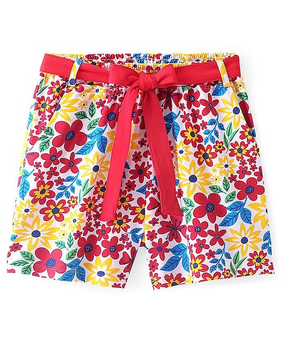 Pine Kids Single Jersey Knee Length Shorts With Floral Print - Red White & Yellow