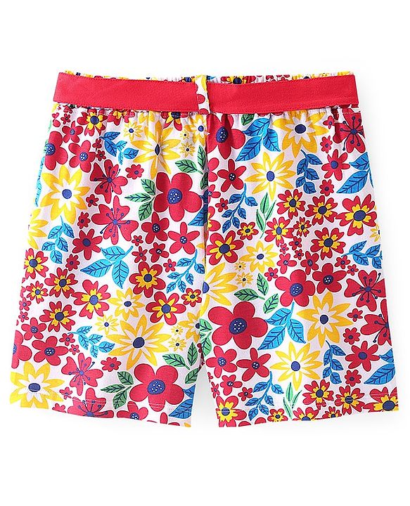 Pine Kids Single Jersey Knee Length Shorts With Floral Print - Red White & Yellow